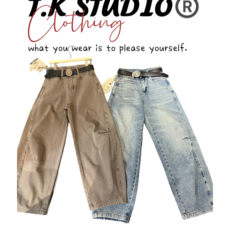T.K<工装沙包裤>做旧水洗分割高腰宽松显瘦工装牛仔裤