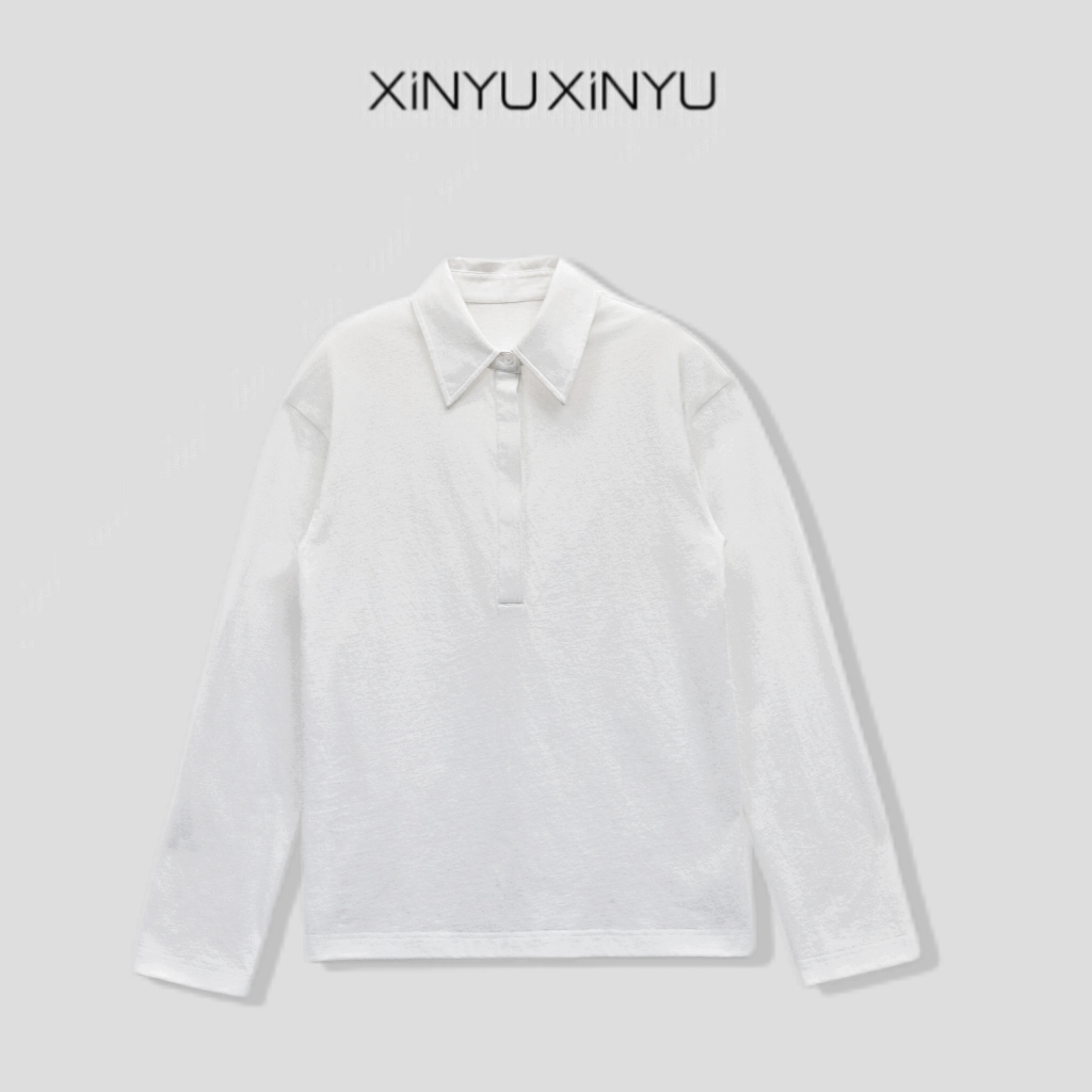 XINYU/芯与『初白』100棉POLO领百搭长袖T恤 40349 百搭 纯色 舒适