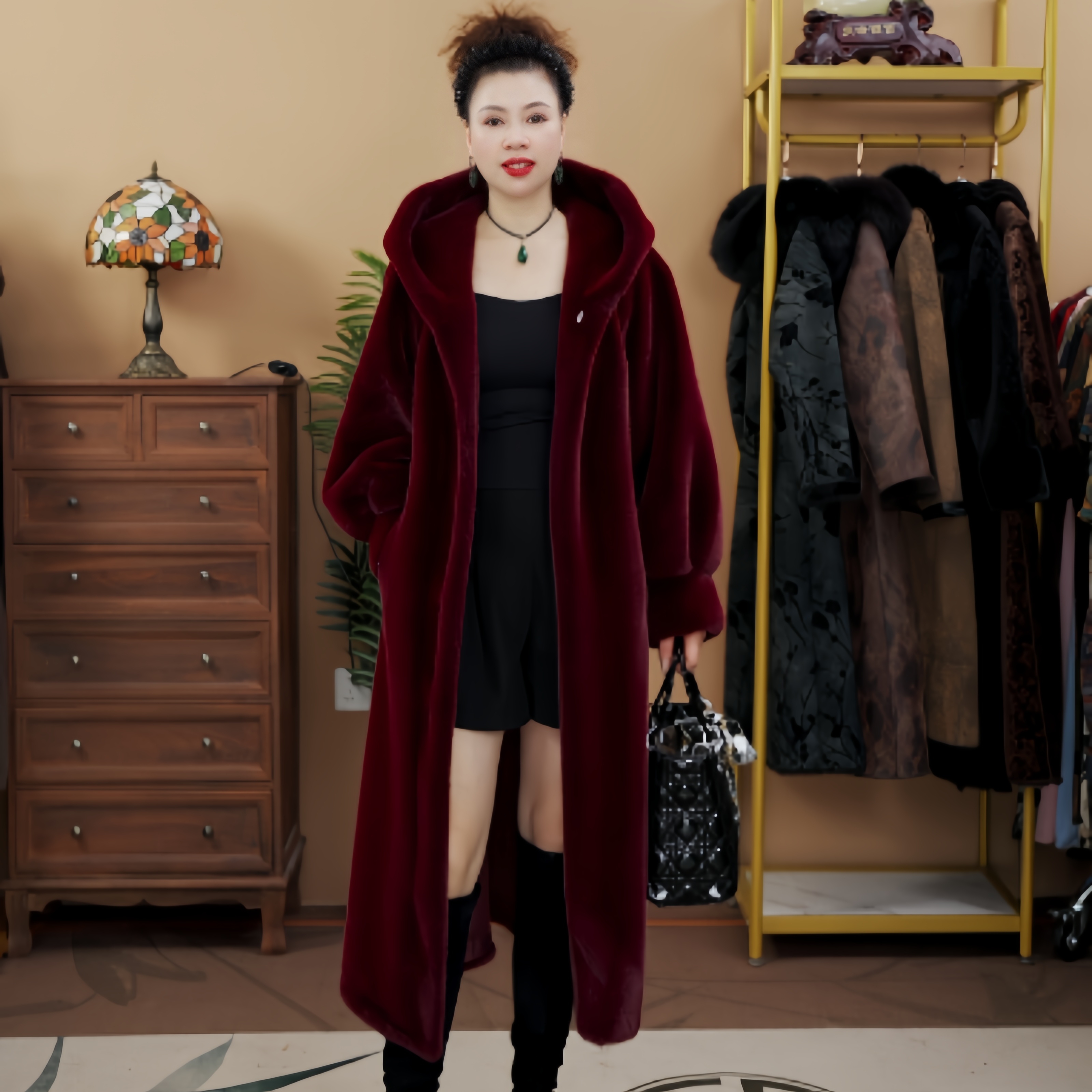 6599 冬季时尚中长款冬季女士连帽设计师高端百搭外套 