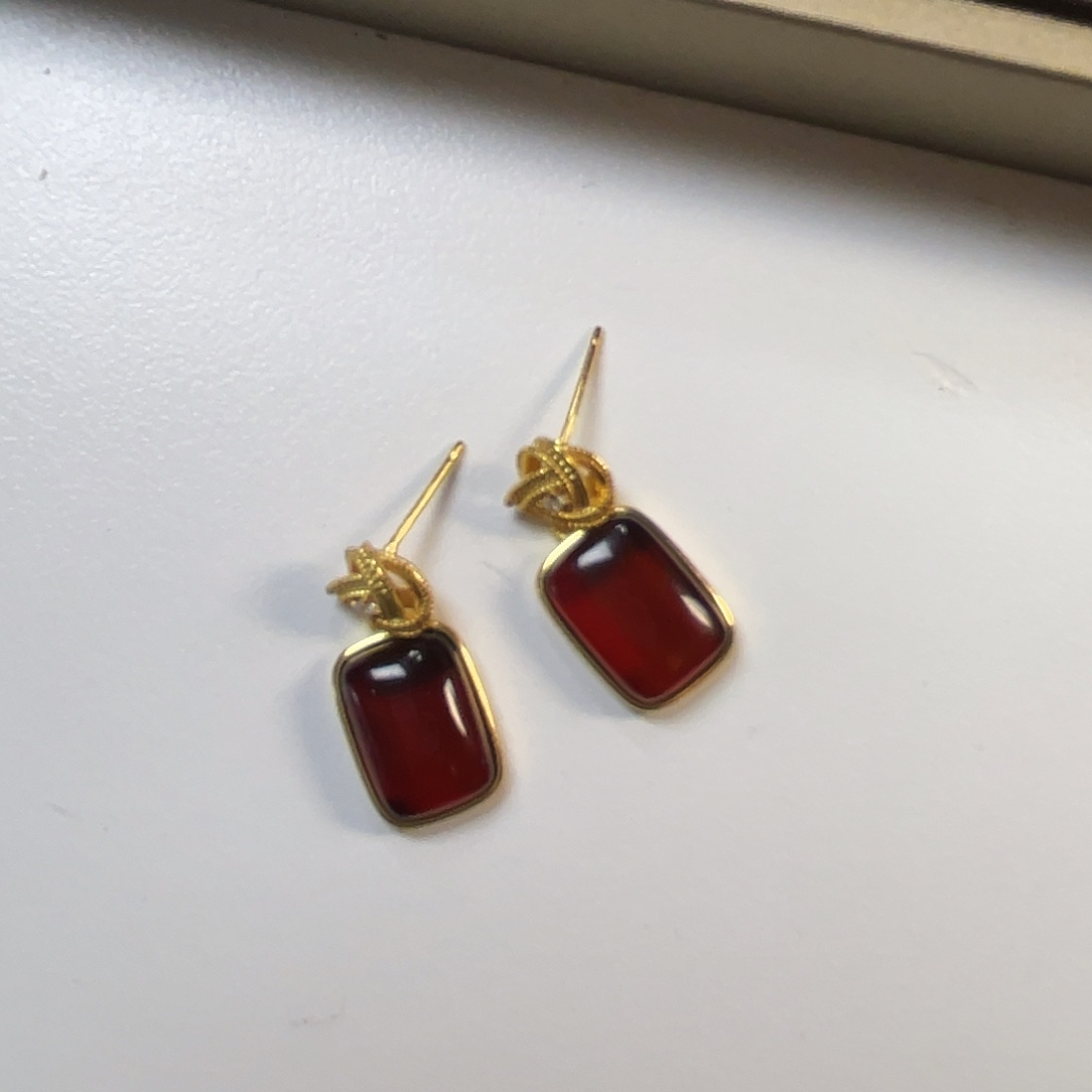 不***荷琥珀银S925镀金镶嵌耳饰琥珀方形设计耳坠