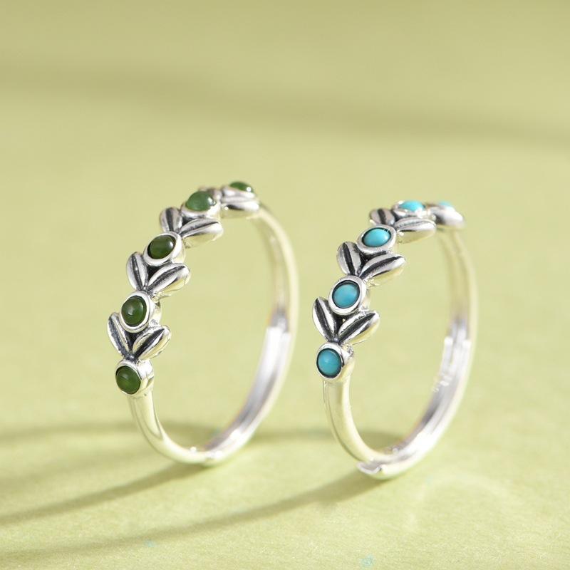 925银戒指 S925银戒指轻奢小众个性镶橄榄枝树叶开口戒指