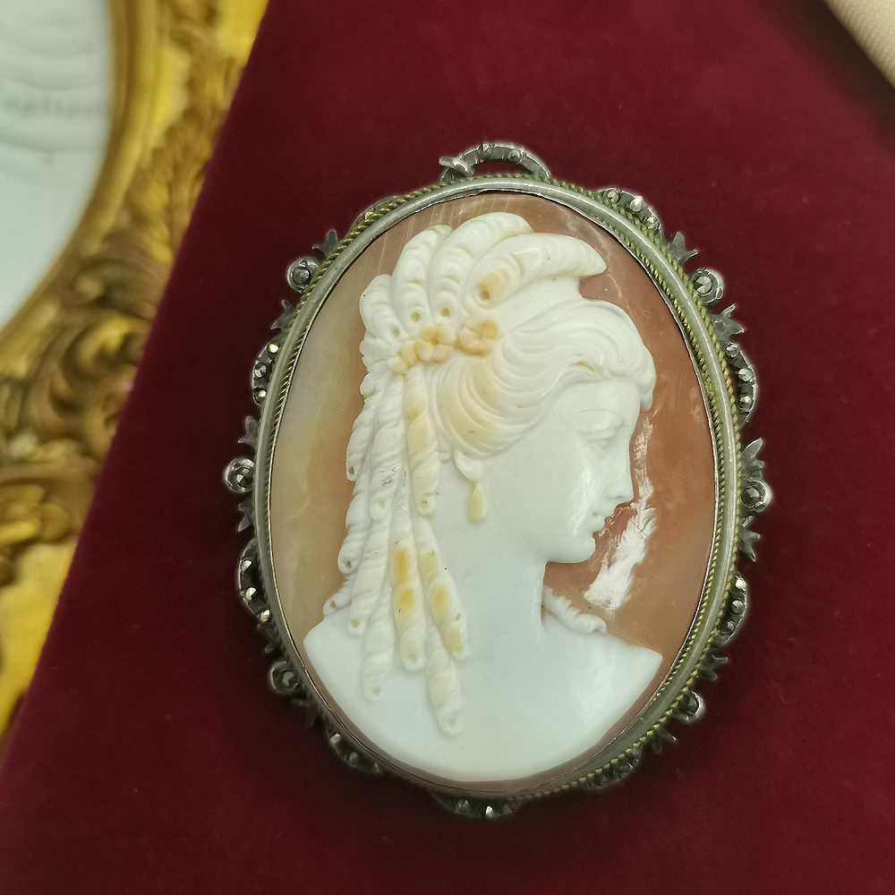 古董卡梅奥手工贝雕精雕卷发贵族美人俏色胸针5.3cm[2501141-138]