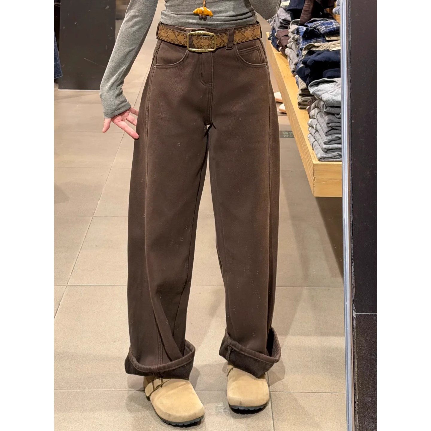 加绒弯刀裤高个子棕色阔腿牛仔裤美拉德咖色裤子胖mm大码直筒裤冬