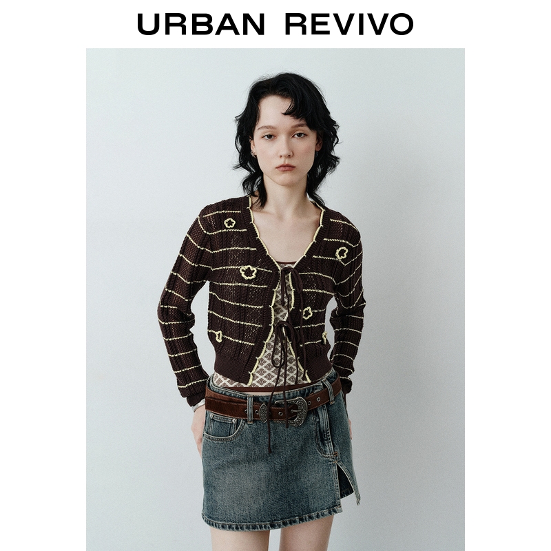 【HOT】UR2025秋季新款女装休闲撞色超短款针织开衫UYL950105