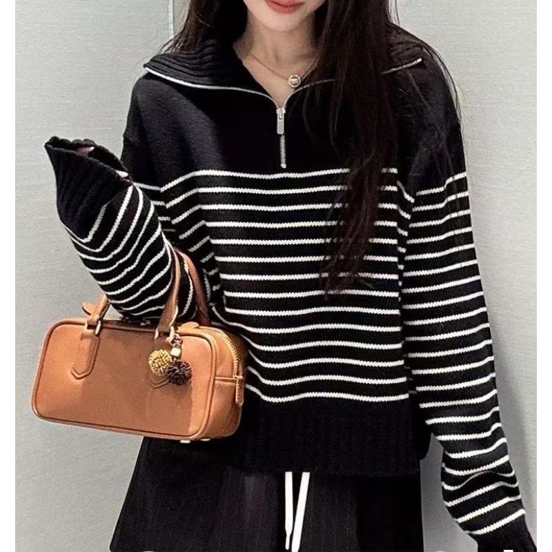 【缪家】条纹毛针织衫学院风大码女款毛衣上衣显瘦秋冬长袖 0046