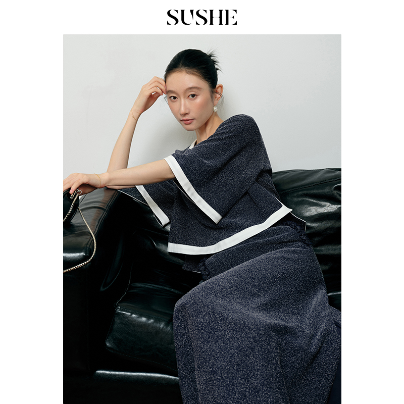束皙SUSHE 望舒 拼接撞色温柔喇叭袖上衣A摆长款半身裙套装女秋季
