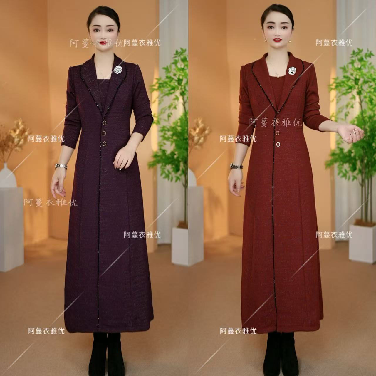 【衣雅优选】秋冬款加厚软精纺混纺银丝线假两件风衣裙8222-2372#