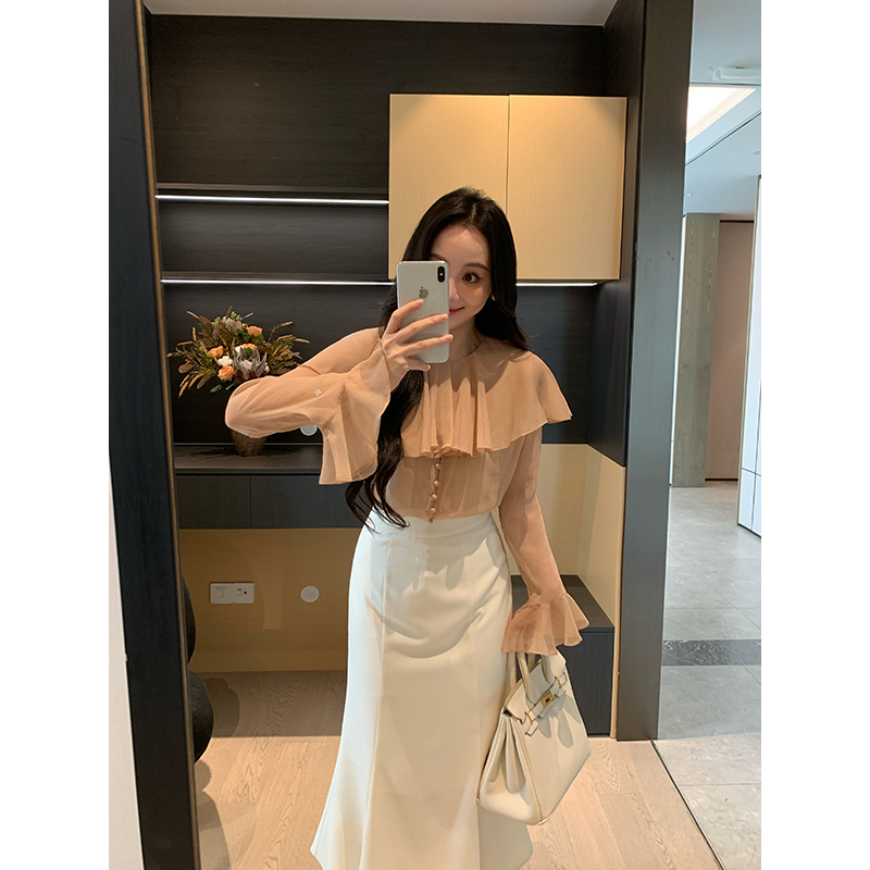 XINYI【一盏冰茶】秋季荷叶边雪纺小衫女显瘦百搭上衣X625C15308