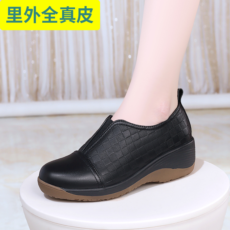 头层牛皮舒适坡跟一脚穿休闲防滑内外真皮圆头单鞋压花简约乐福鞋