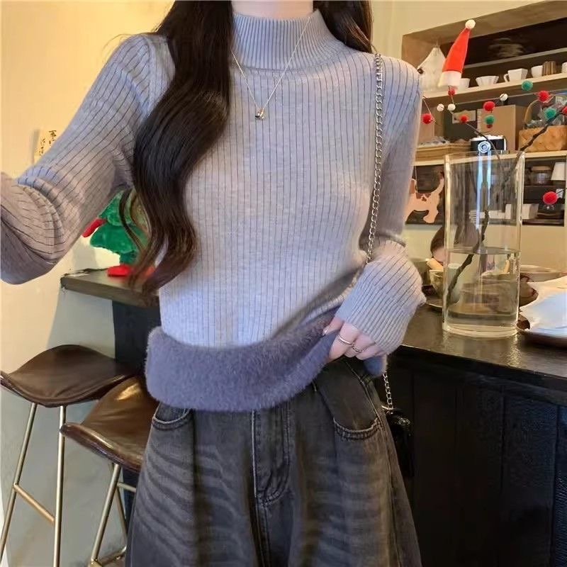 女厚款植绒不起球极简风保暖毛衣长袖半高领加绒韩版