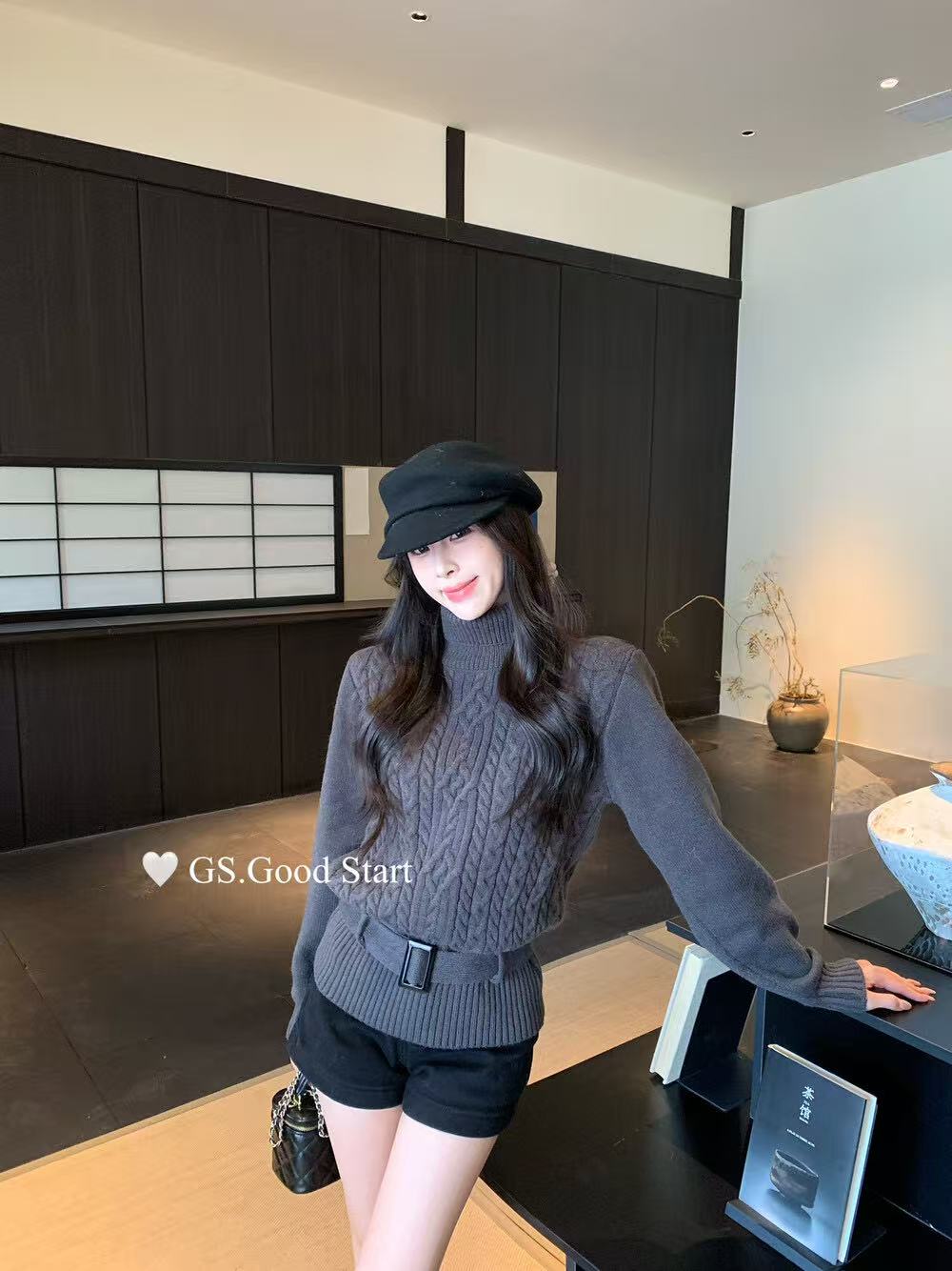 （6-8运贴）“高智韩女”冬季气质时髦高领麻花绑带收腰毛衣针织衫