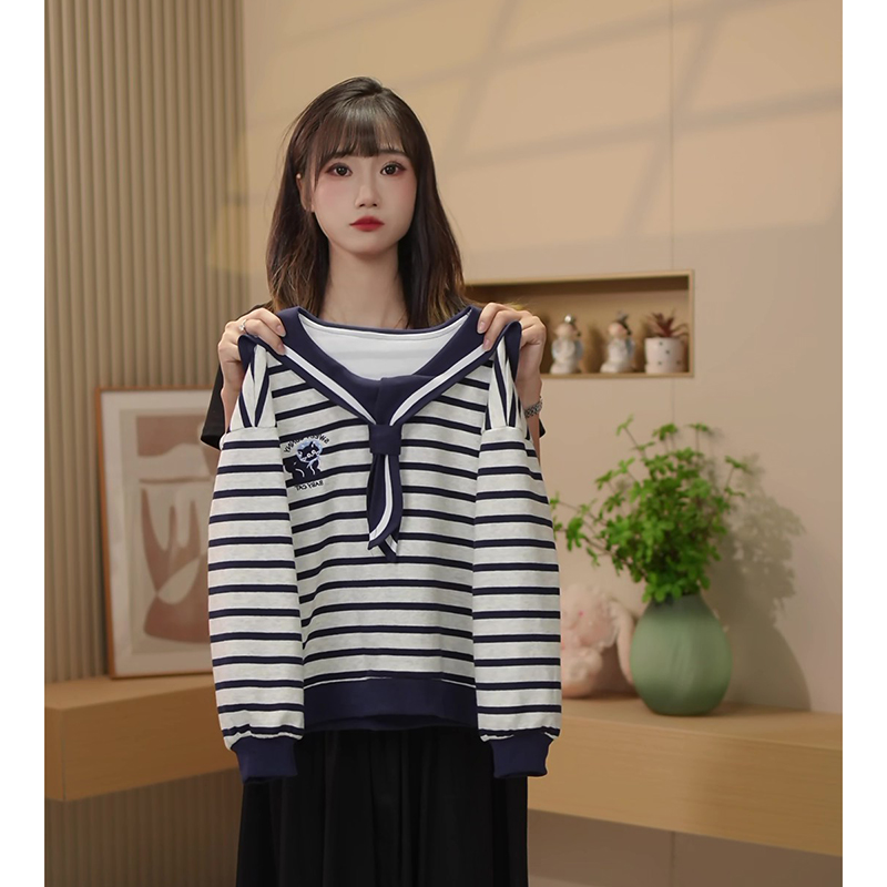 女童卫衣秋款2025新款女孩衣服条纹海军领儿童秋装上衣Q62988