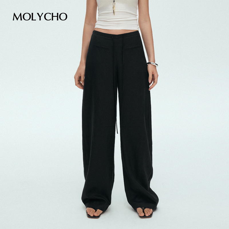 MOLYCHO｜清爽散步 黑色天丝亚麻阔腿裤女夏薄款V字腰头直筒休闲裤