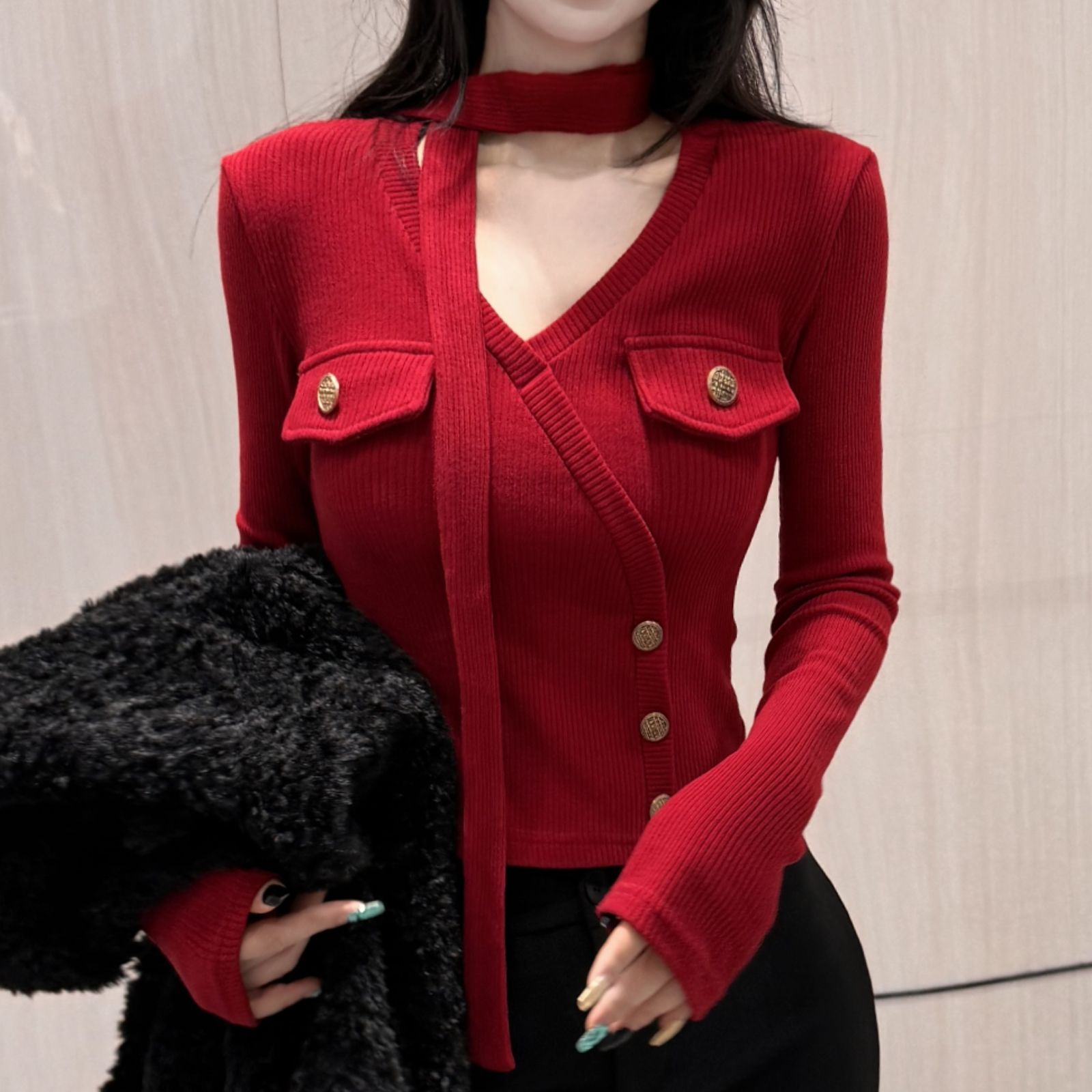 新年V领飘带秋冬磨毛加绒纯欲辣妹风挂脖长袖T修身显瘦上衣打底衫