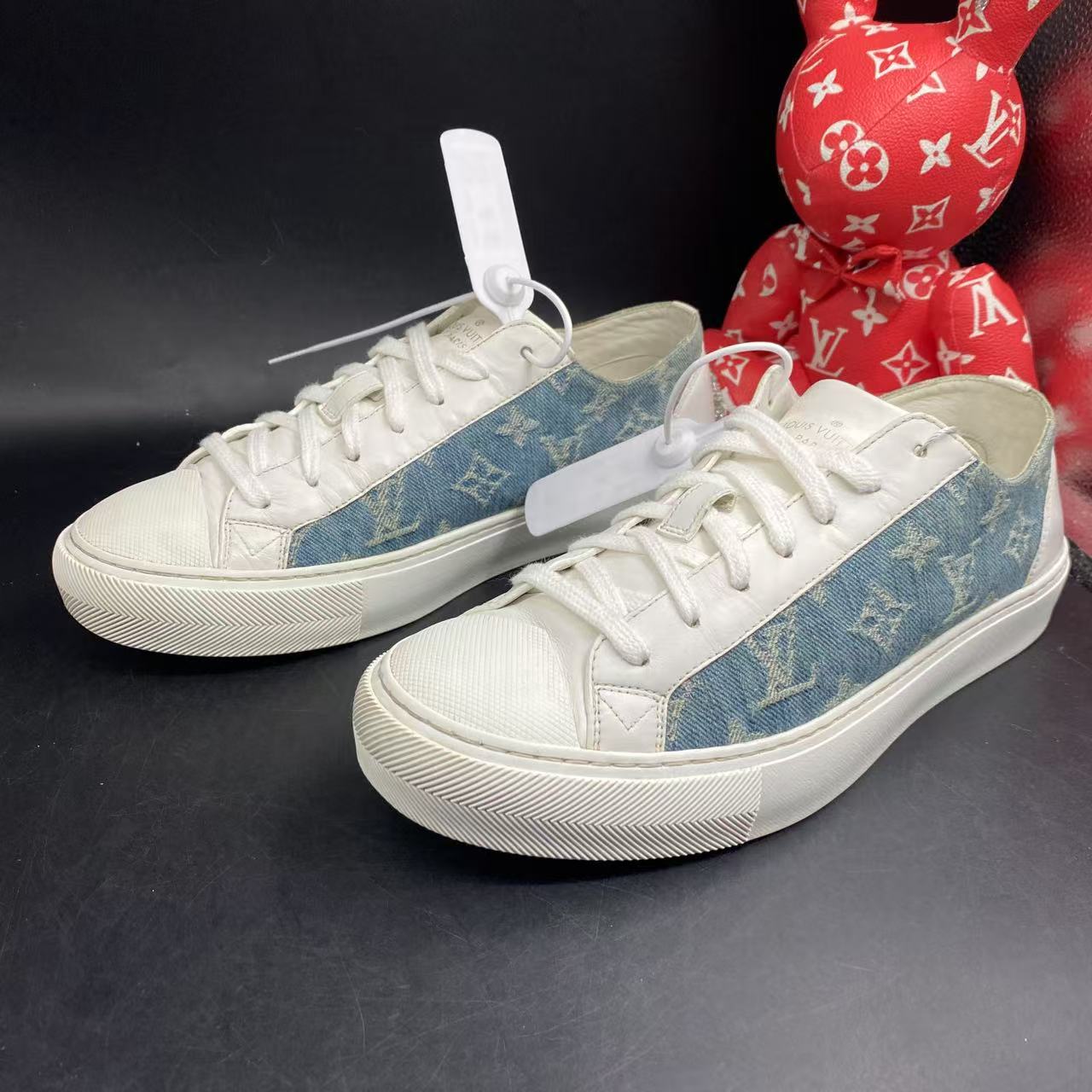 95新 LouisVuitton/路易威登 白蓝帆布老花板鞋40欧码kke014