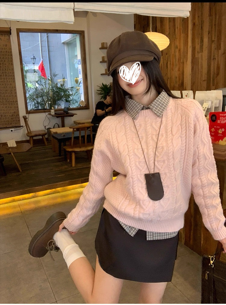 粉色圆领套头宽松针织厚毛衣冬季女格纹衬衫套装