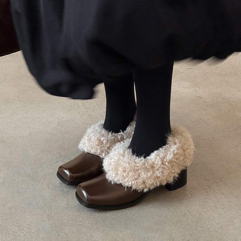 戈森定制粗跟单鞋女2025新一脚蹬复古方头玛丽珍鞋加绒保暖毛毛鞋