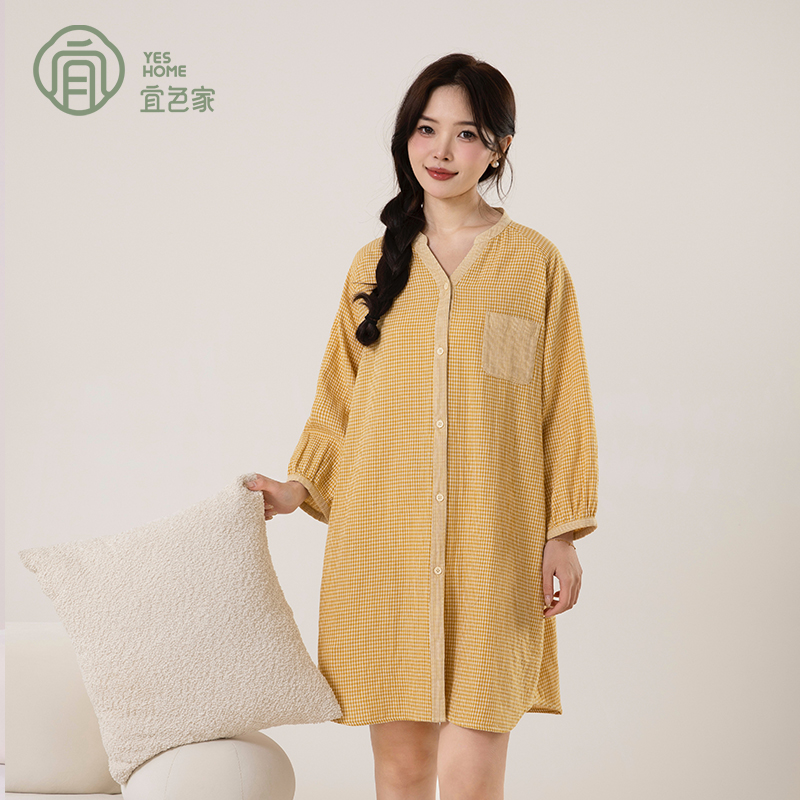 宜色家25春夏全棉双层纱布田园风短袖睡裙女可外穿爆款家居服睡衣