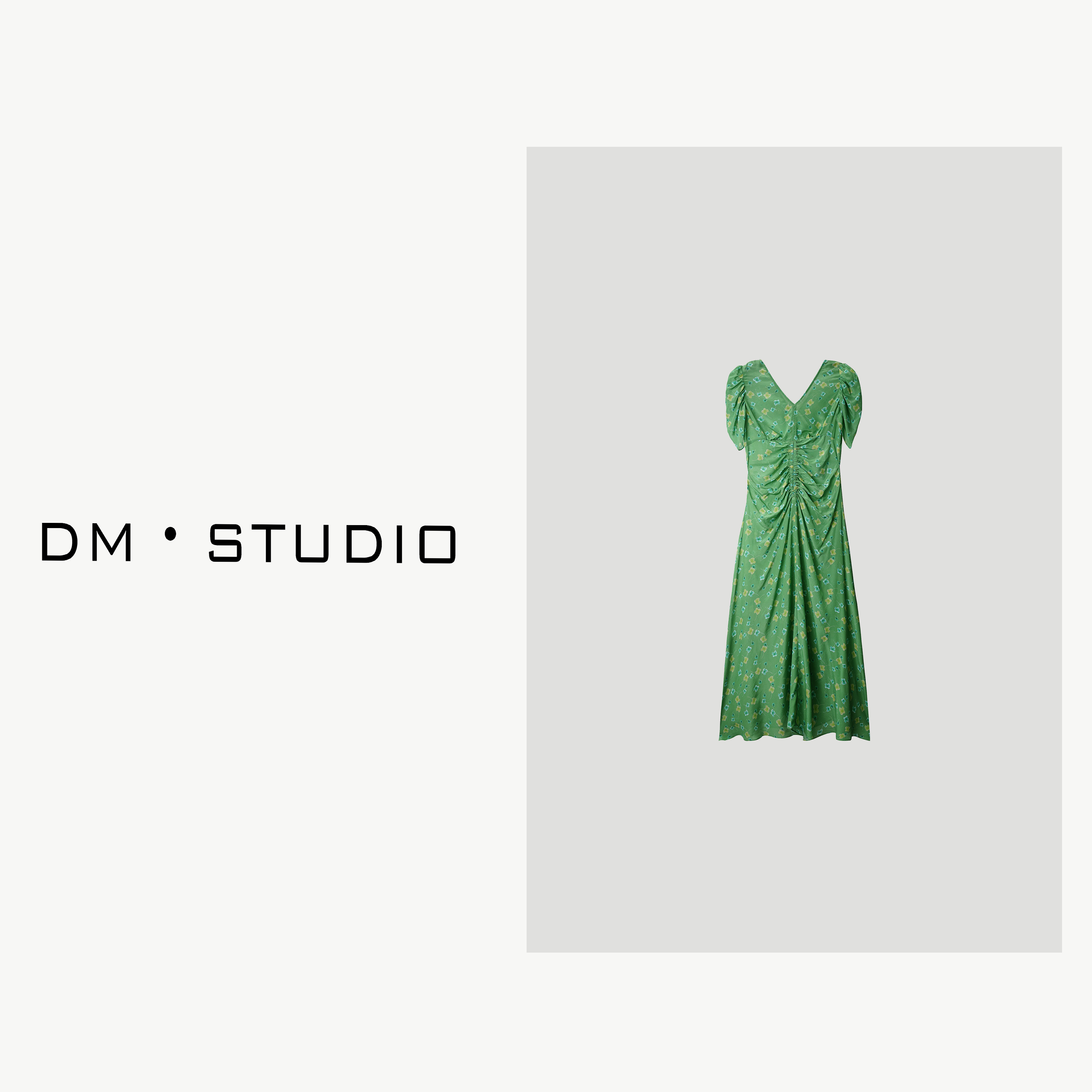 -DM•STUDIO/显瘦收褶100%桑蚕丝绿色碎花连衣裙（D996）