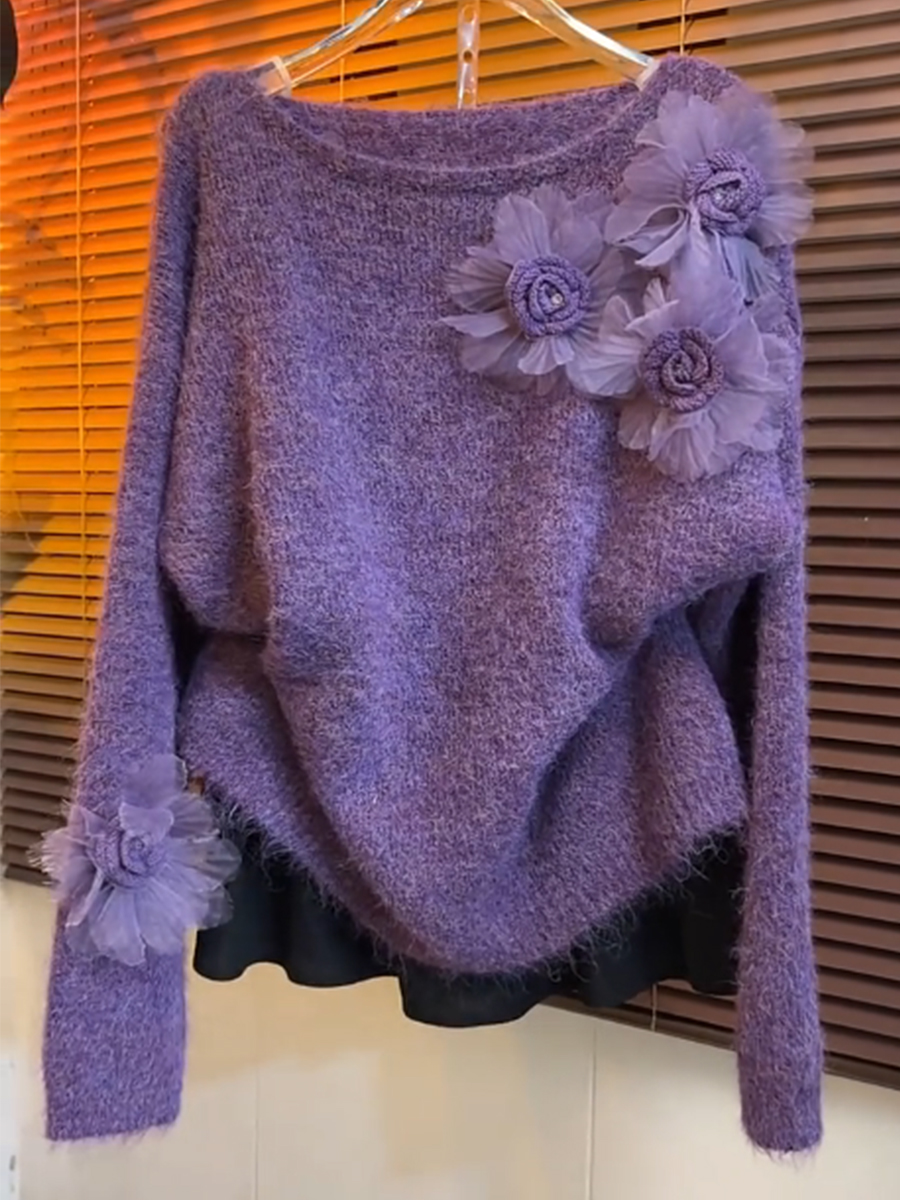 韩系立体花朵紫色毛衣女冬2025新款慵懒风小众显瘦长袖圆领针织衫