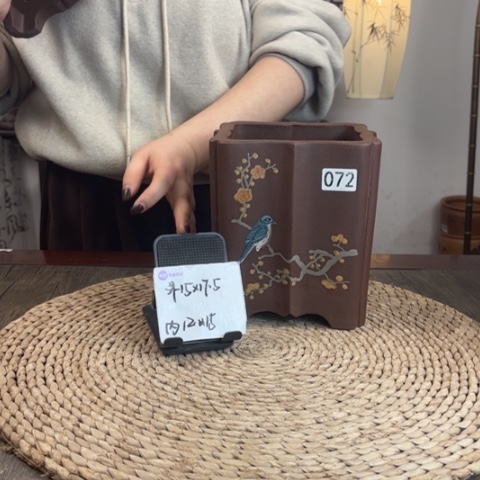 紫砂花盆无*卫紫玉金砂喜上眉梢手绘菱花072