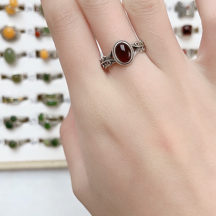 血珀戒指银S925镶嵌天然