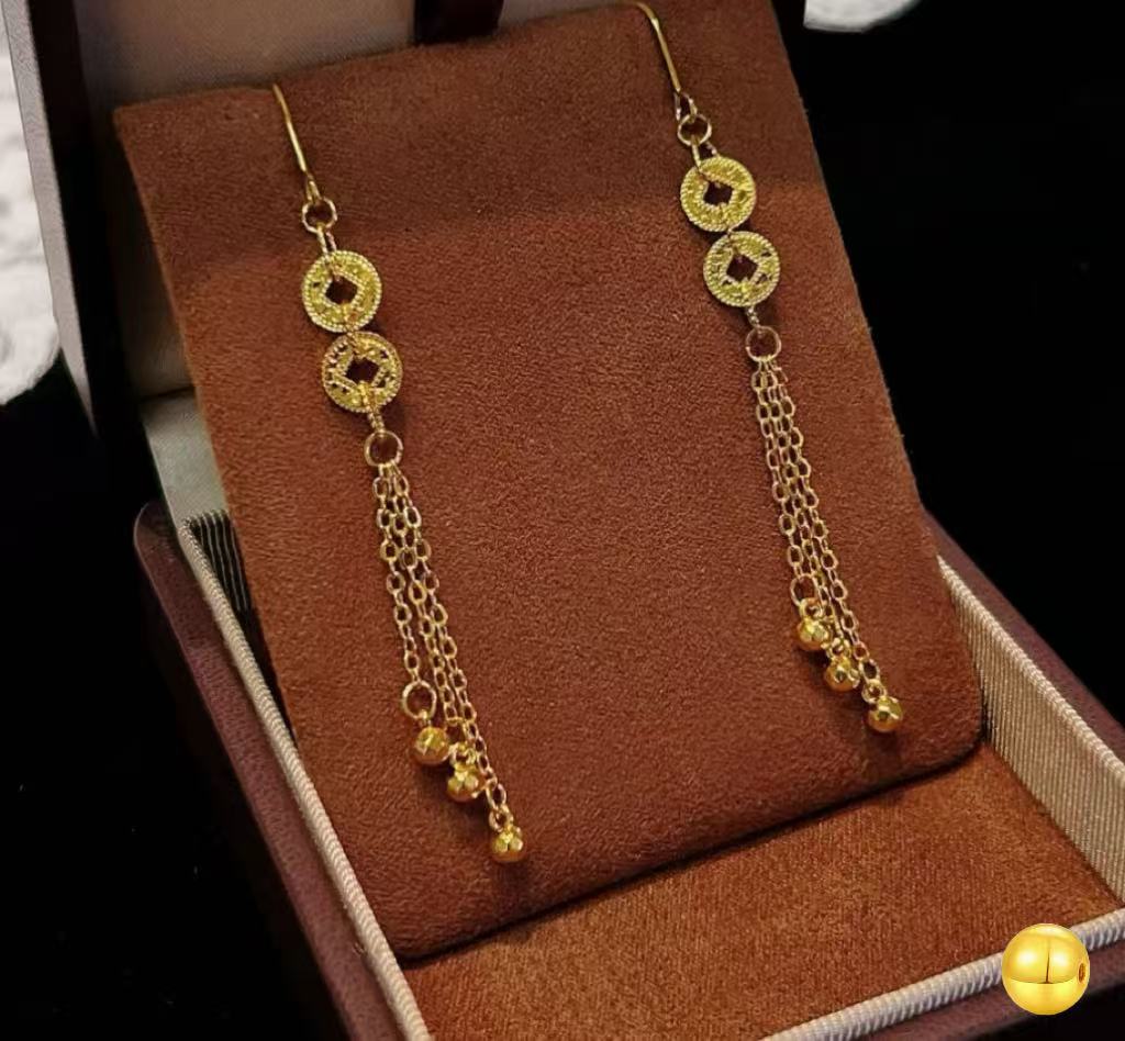 合金耳饰 合金耳饰新款复古新中式金色碎碎冰五帝钱流苏耳