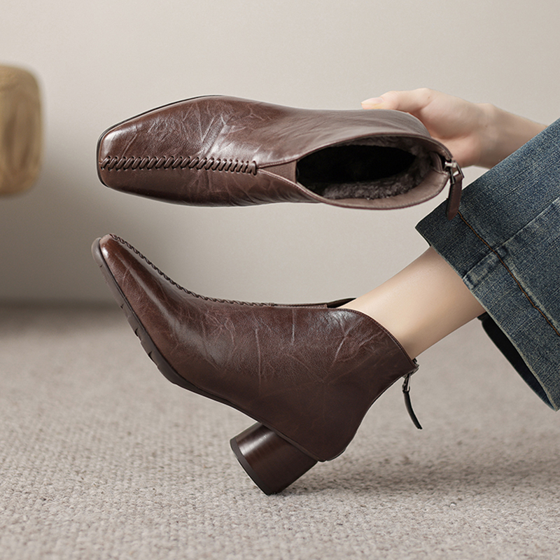 羊皮/跟高5cm/2025新款冬季真皮高跟短靴女羊毛加厚绒保暖雪地靴