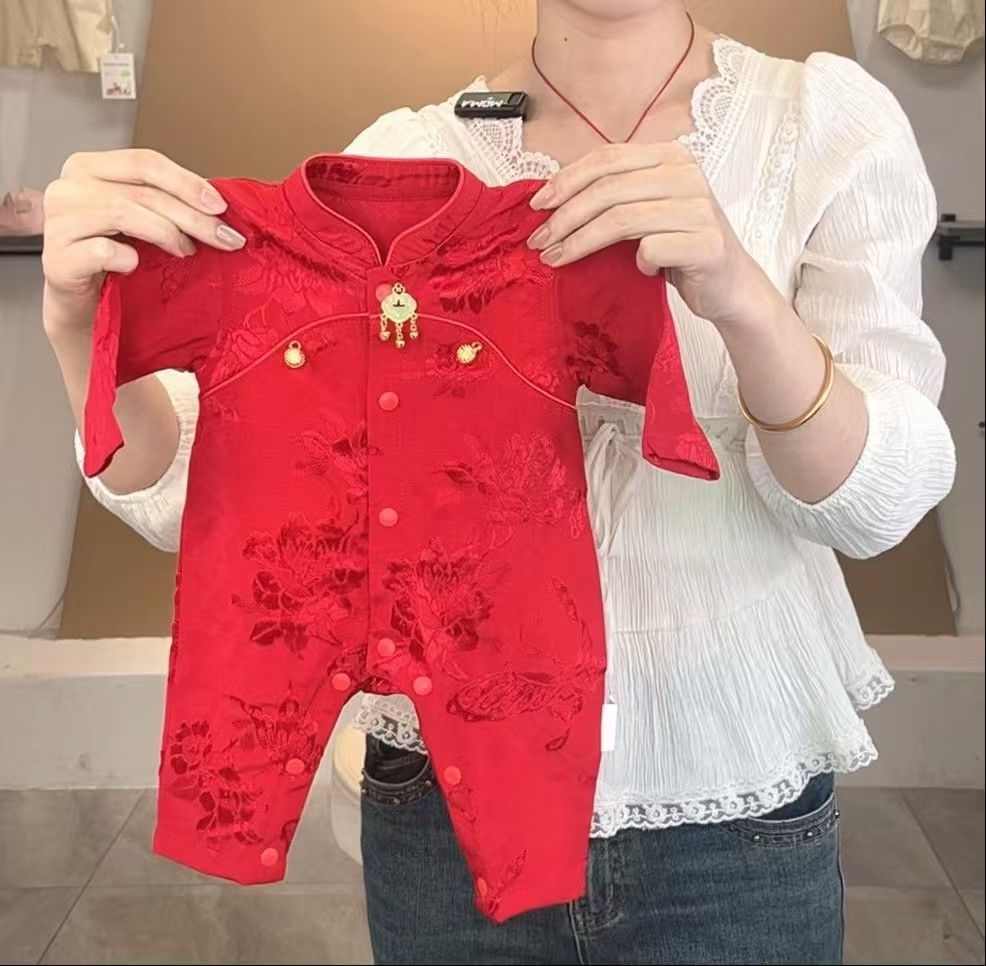 A类中国风短袖长袖夏季哈衣爬服连体衣满月女童