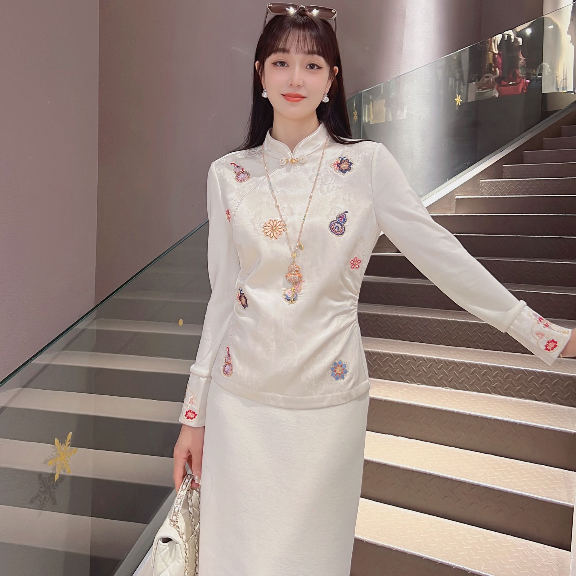 《ELFBOX》冬款时尚中国风新中式气质夹棉长袖衬衫6978