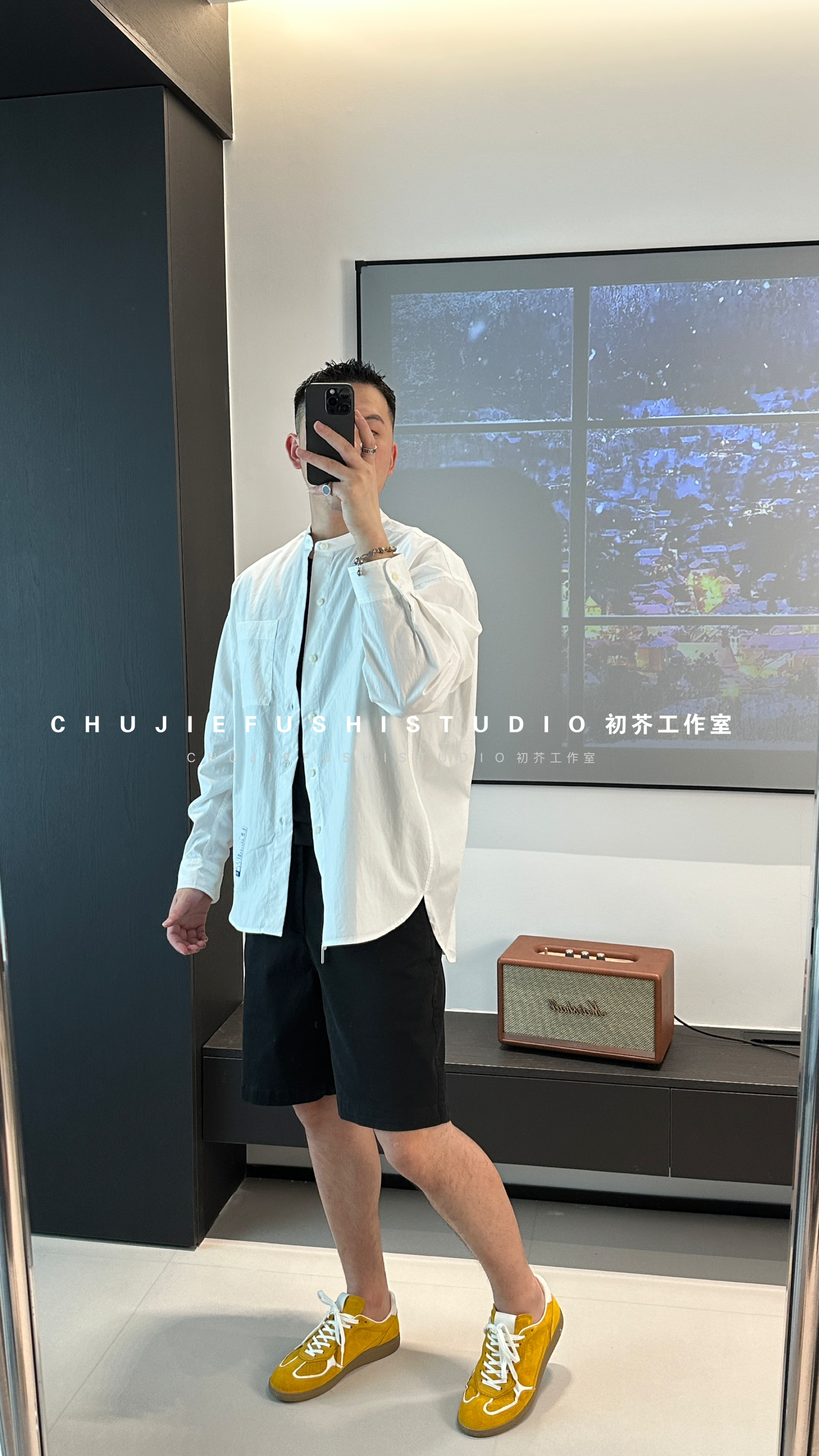 CHUJIE小众日系微宽松无领小标时尚休闲长袖衬衫