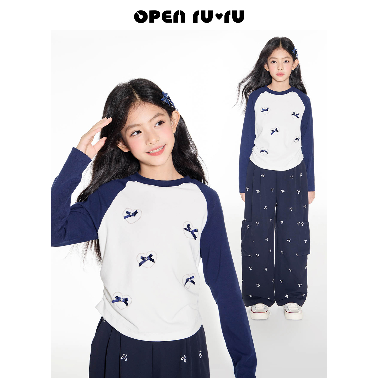 Opennunu女童立体蝴蝶结长袖T恤秋季设计感印花修身短款上衣