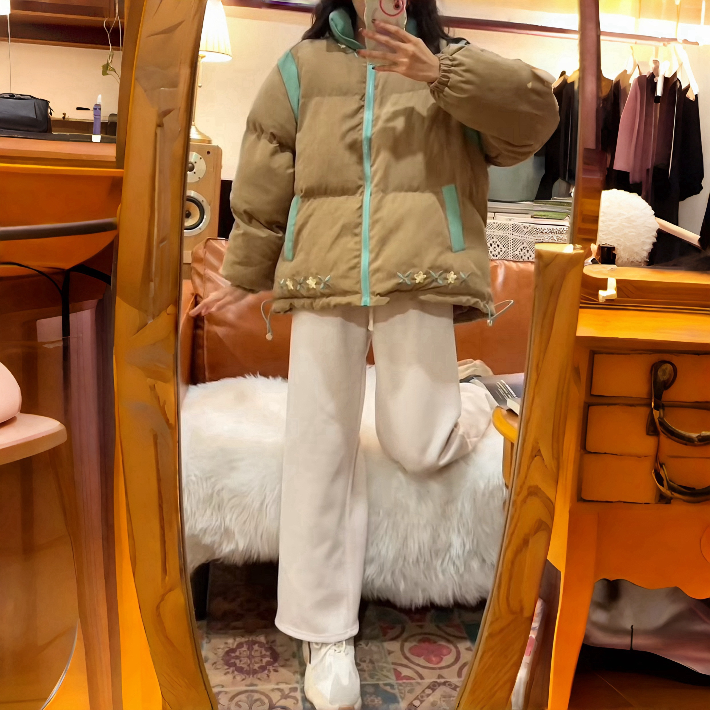 2927 ‌设计感撞色立领刺绣 棉服可拆卸袖 加厚保暖棉衣 