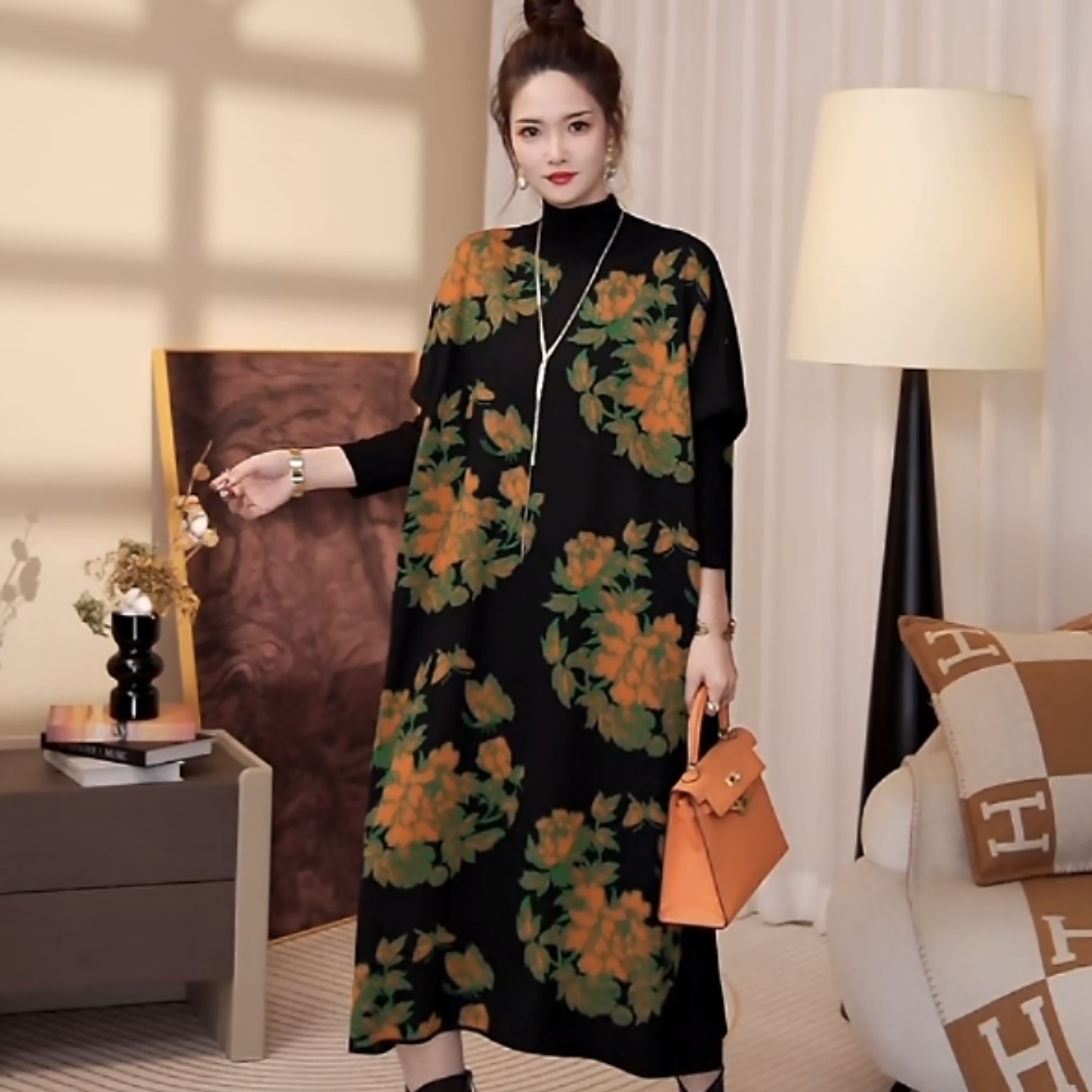 高端品质【江南花雨】秋冬显瘦长袖保暖中高领毛衣打底连衣裙-6200#