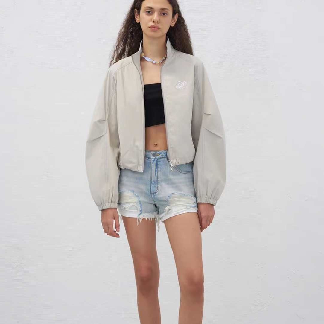 JAC FLEURANT秋冬灰色立领LOGO轮廓褶裥夹克 LEAFLEAF设计师品牌