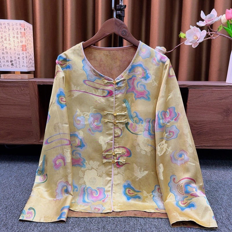 『溪亭』新中式2025新款高级感圆领上衣国风复古黄色提花外套