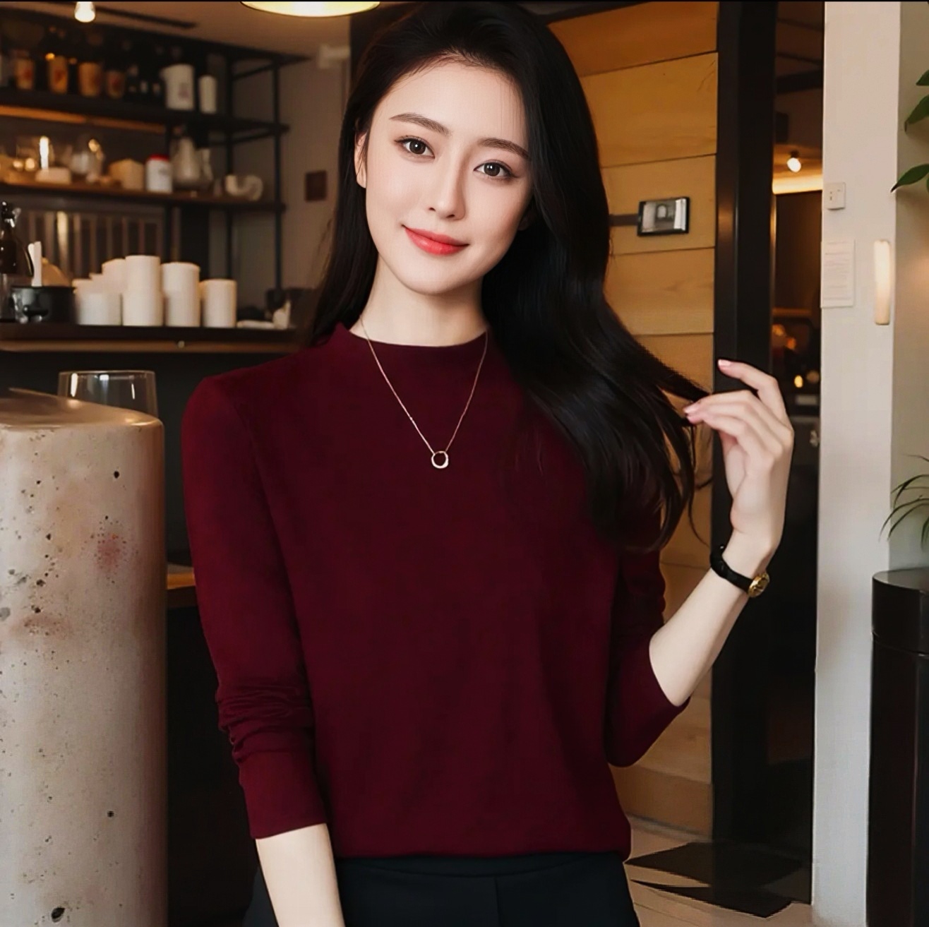 女士秋冬款内搭加绒加厚弹力棉纯色T恤百搭上衣小立领长袖打底衫