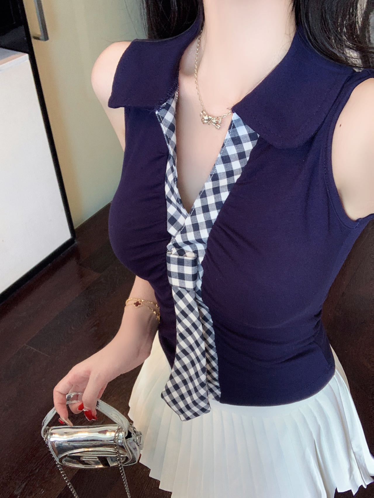 美式辣妹风格纹领带外穿背心褶皱设计感修身显瘦带胸垫无袖上衣