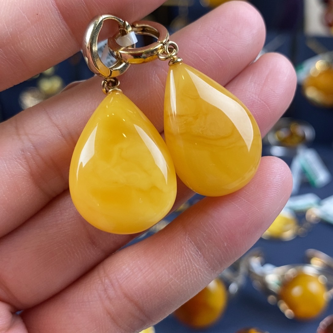 琥珀耳饰银S925镀金镶嵌