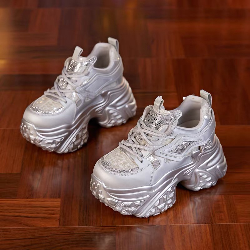 银色老爹鞋女2024年秋季新款小个子休闲鞋百搭亮片厚底内增高女鞋