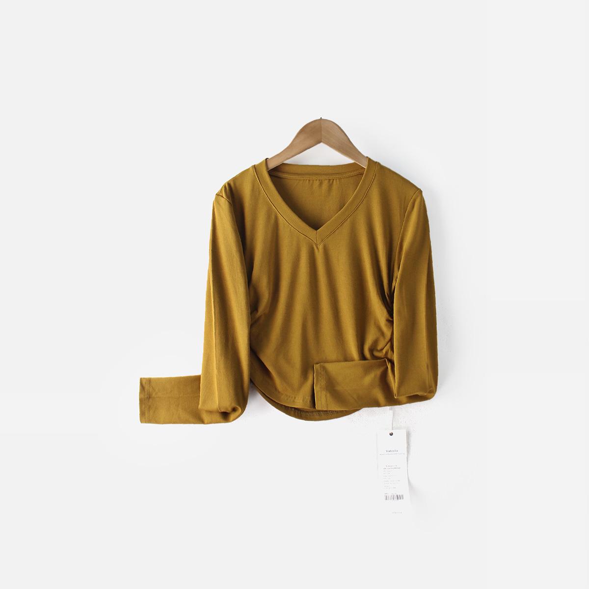 意法春秋修身显瘦辣妹褶皱收腰打底衫内搭短款上衣N3449