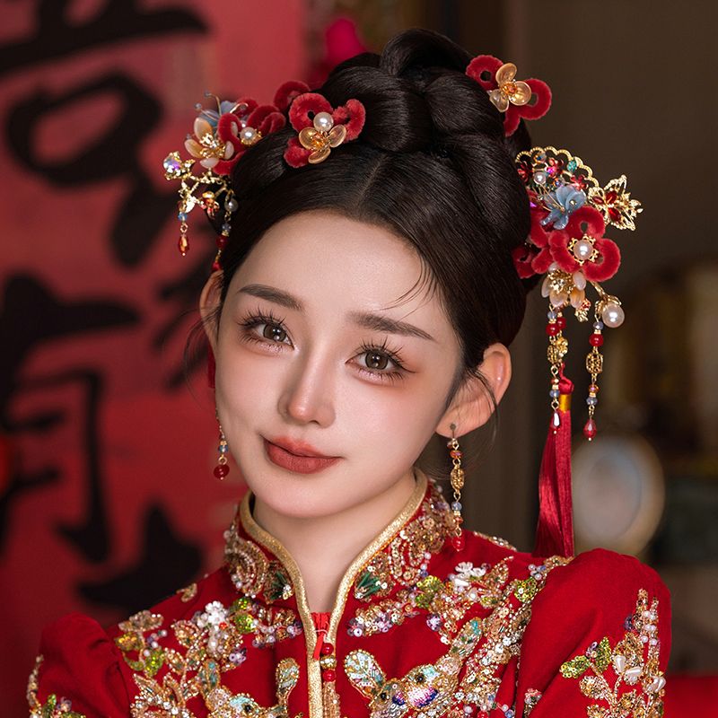 GZ020新中式头饰新款新娘头饰秀禾绒花简约红色流苏结婚发饰饰品