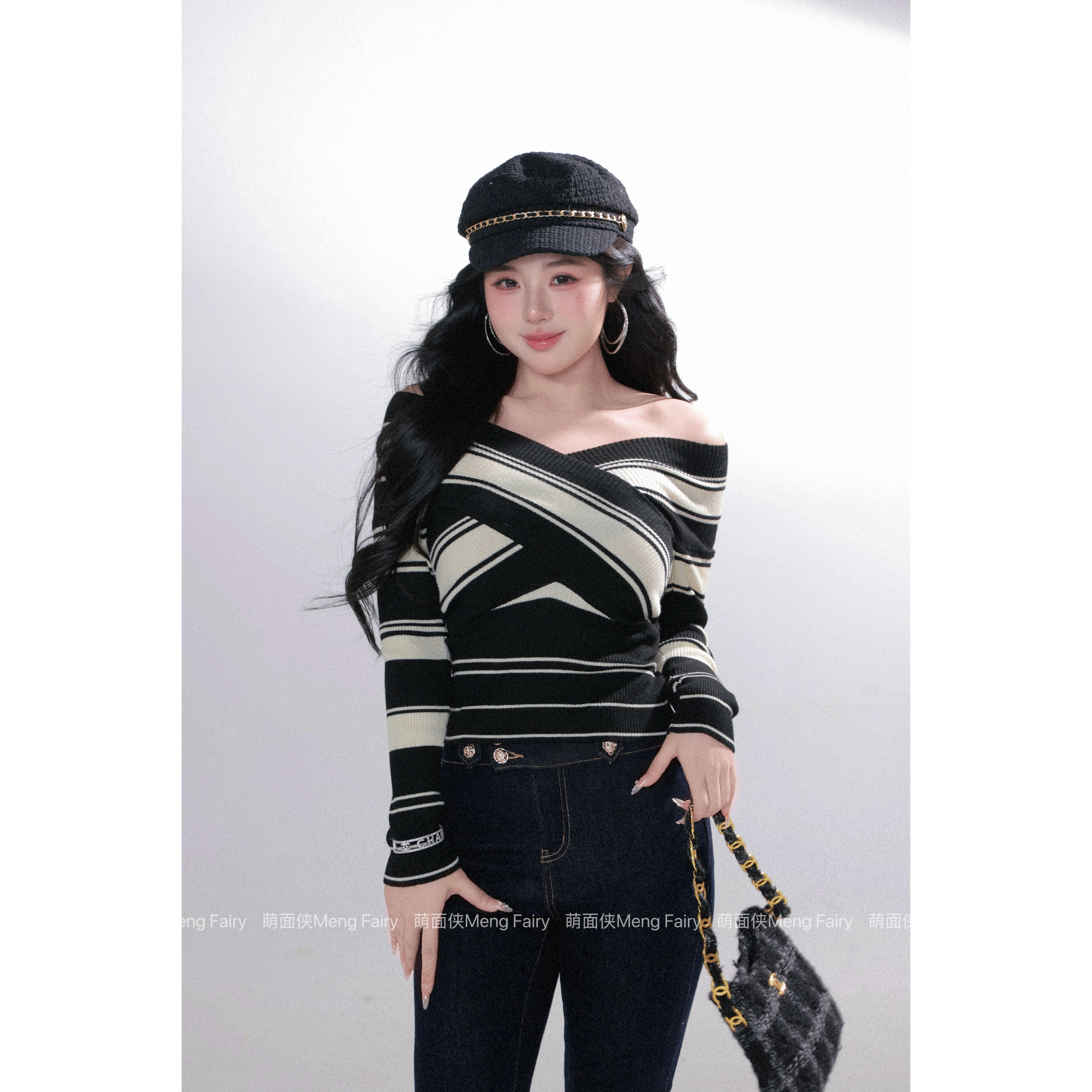 萌面侠【条纹律动】羊毛混纺高弹锁温保暖宽条纹毛织上衣6802M
