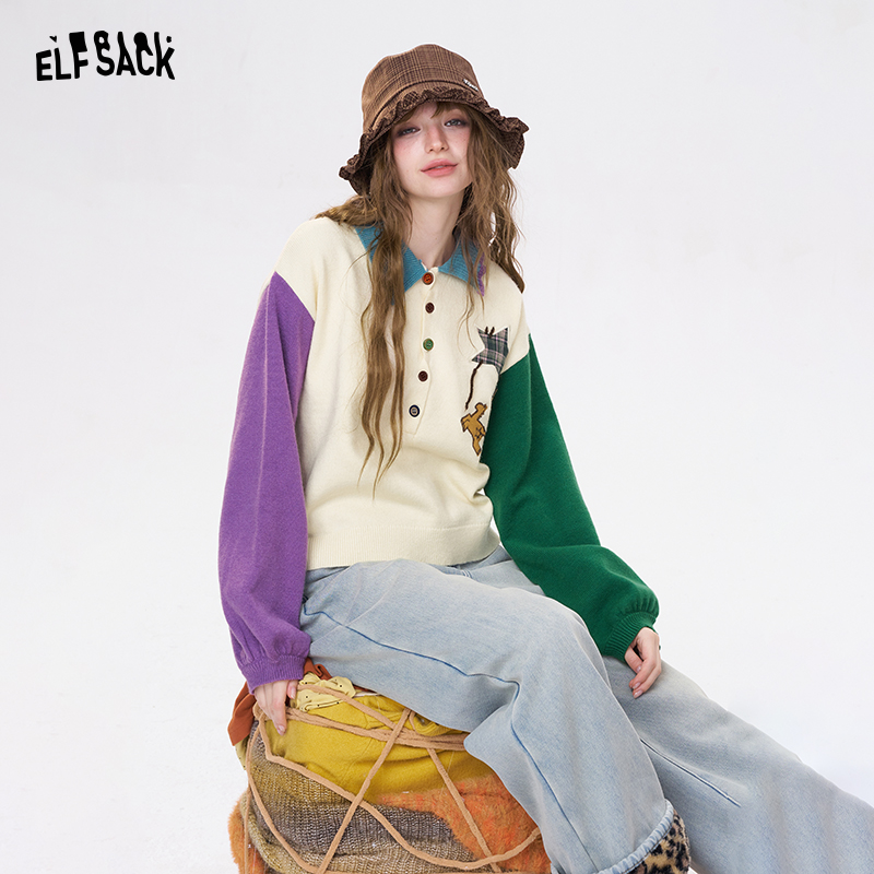 妖精的口袋星星撞色polo领毛衣2025冬宽松休闲保暖内搭25402133