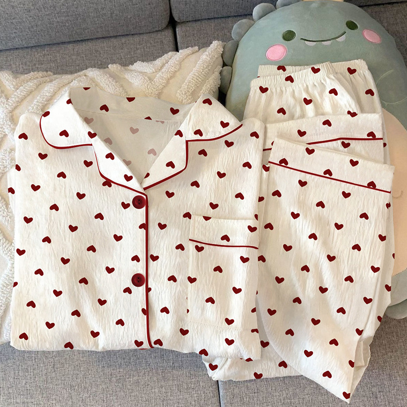 温柔风少女爱心开衫睡衣可外穿春季新款皱皱布家居服长袖两件套装