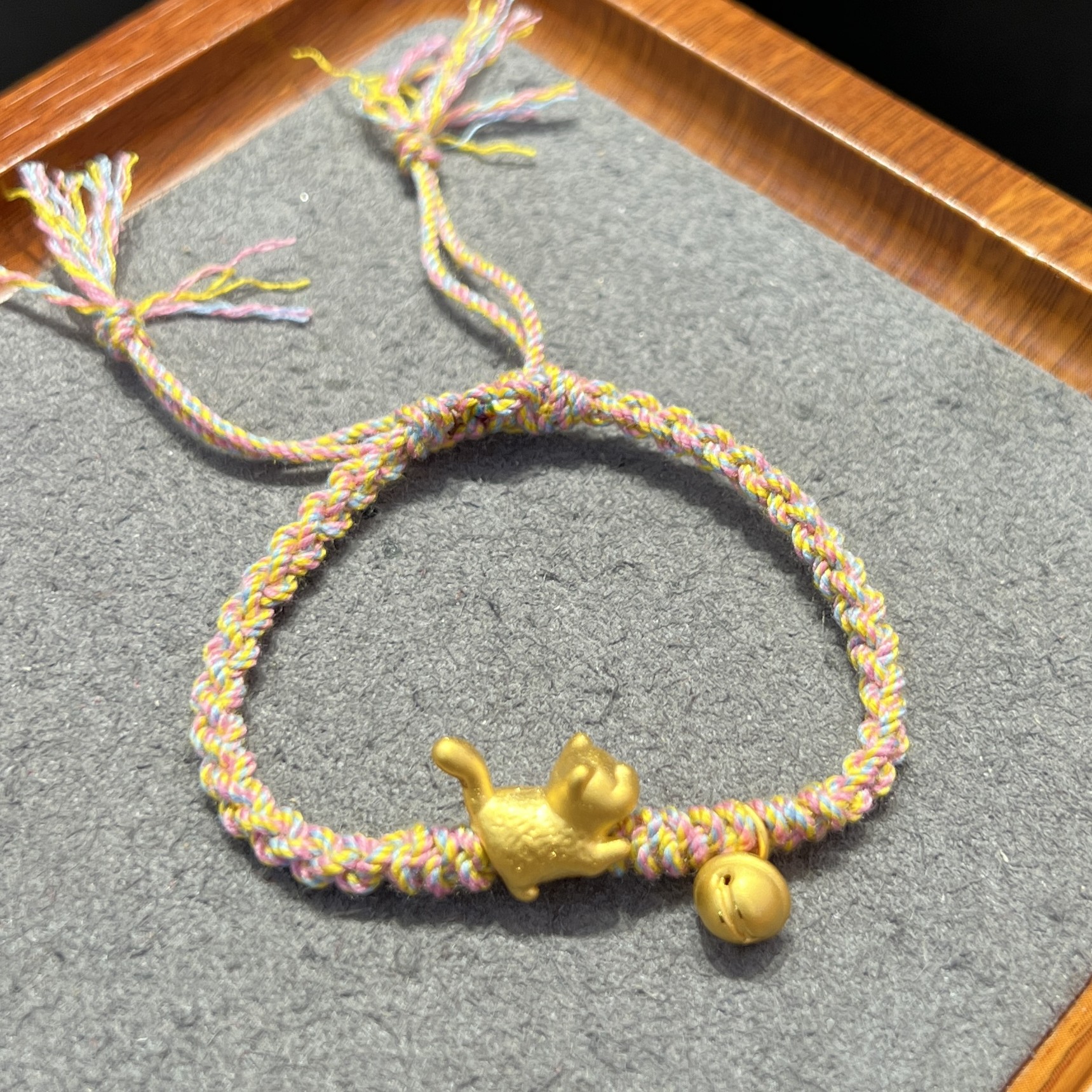 足金999猫咪小猫铃铛黄金手串黄金手链手编绳女款可爱情侣精美
