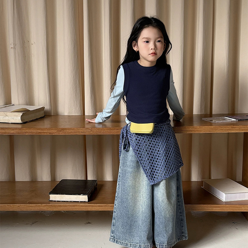 【安安家】韩版女童秋季针织背心打底衫屁帘宽松牛仔裤四件套R25502