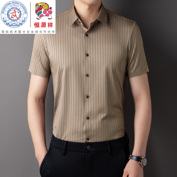 恒源祥彩羊夏季冰丝短袖衬衫男式无痕免烫透气速干翻领条纹中年男