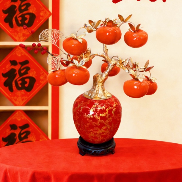 新年柿柿如意摇钱树桌面玄关办公桌展示柜仿真花卉装饰摆件