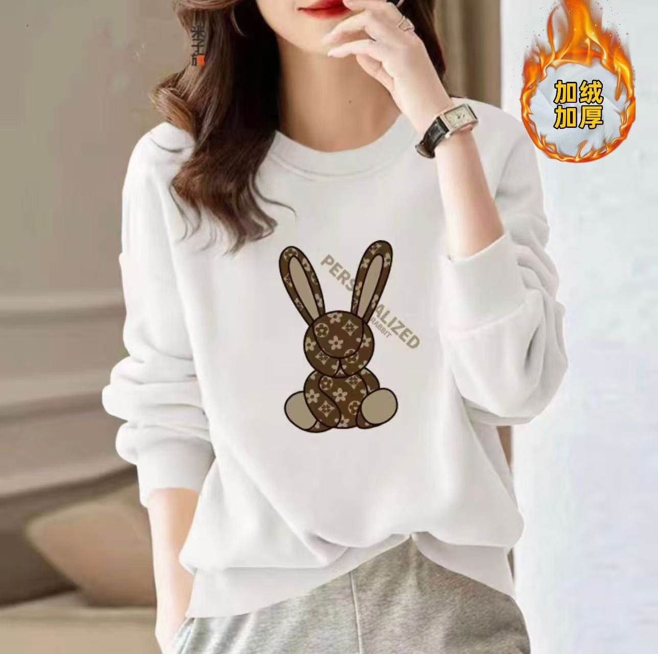 【加绒加厚】秋冬圆领卫衣休闲时尚百搭男女长袖印花卫衣 灰兔